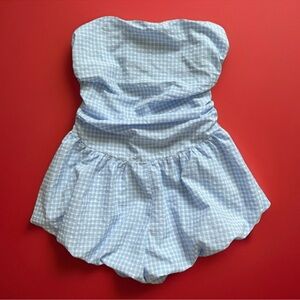 NWT Fashion Nova Baby Blue Gingham Bubble Romper Babydoll Women’s Sz Med Plaid